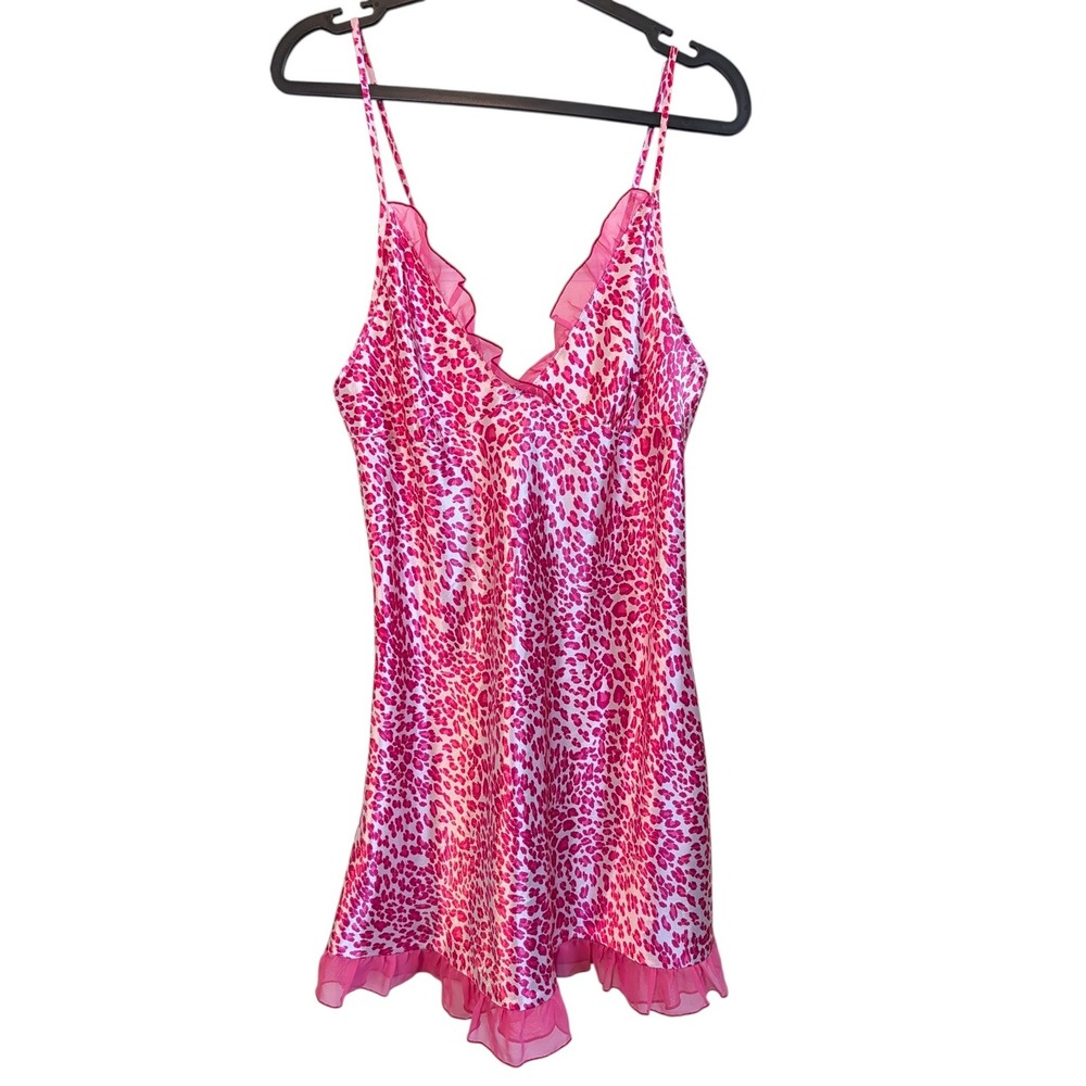 Kathryn Pink Leopard Ruffle Satin Chemise Slip